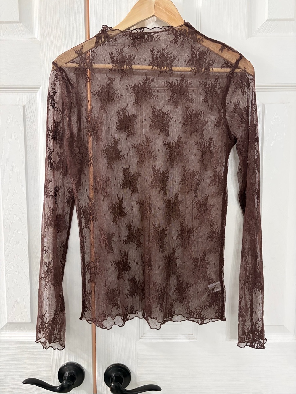 Zenana Sheer Brown Lace Long-Sleeve Top